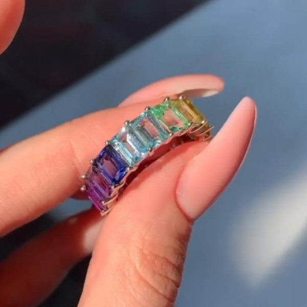 6CTW Baguette Cut Rainbow Sapphire Eternity Ring