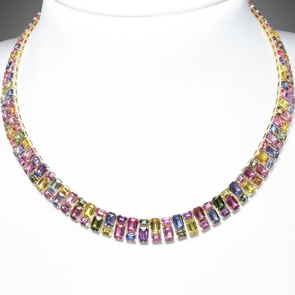 66ctw Emerald Cut Multicolor Sapphire Statement Necklace