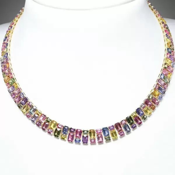 66ctw Emerald Cut Multicolor Sapphire Statement Necklace