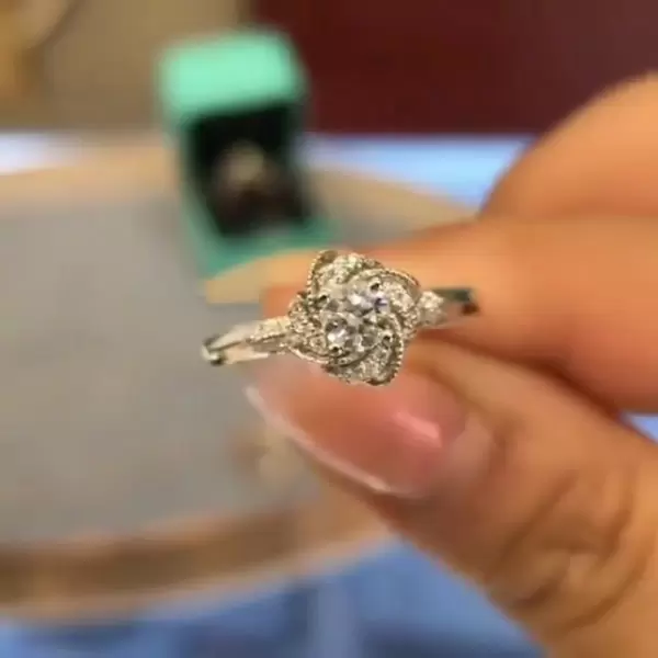 Round Cut White Sapphire Rose Flower Engagement Ring