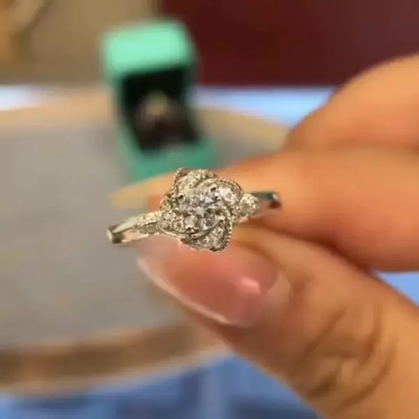 Round Cut White Sapphire Rose Flower Engagement Ring