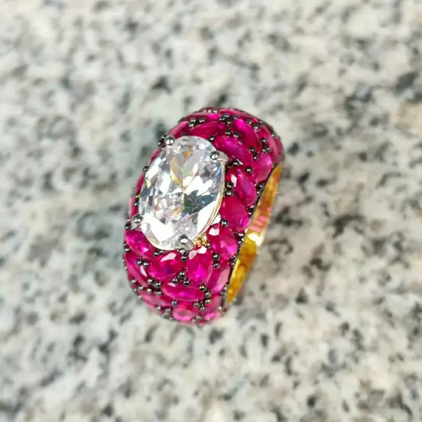 5.5ct Oval Cut White Sapphire With Ruby Cocktail Ring