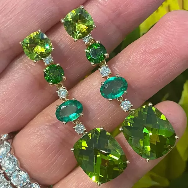 16ctw Cushion Cut Peridot and Emerald Drop Earrings