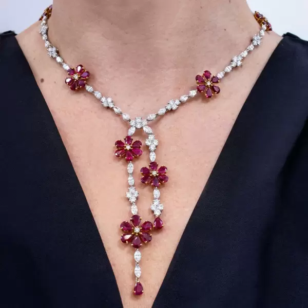 42ctw White Sapphire and Ruby Flower Statement Necklace