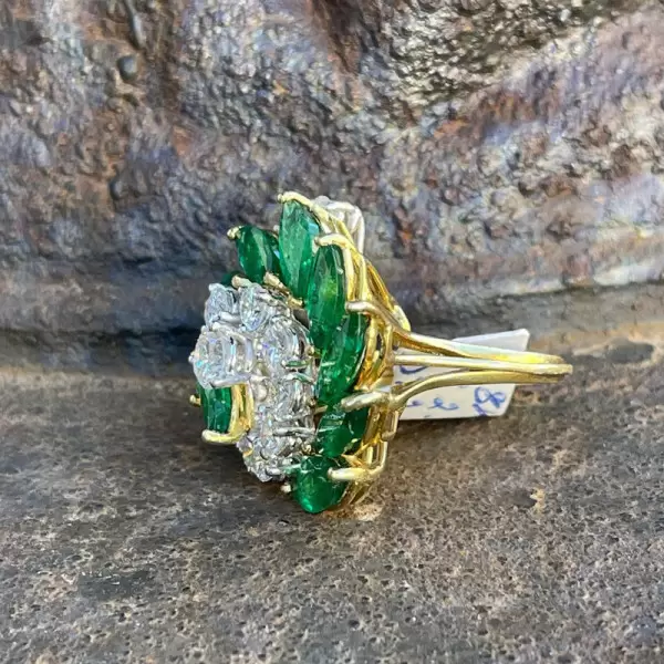 Unique Marquise&Round Cut Emerald Cocktail Ring