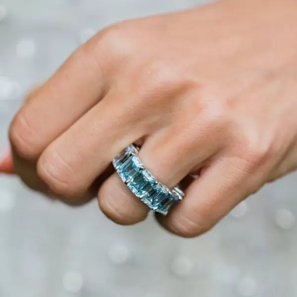 14ctw Emerald Cut Aquamarine Eternity Band for Women in Sterling Silver SayaBling
