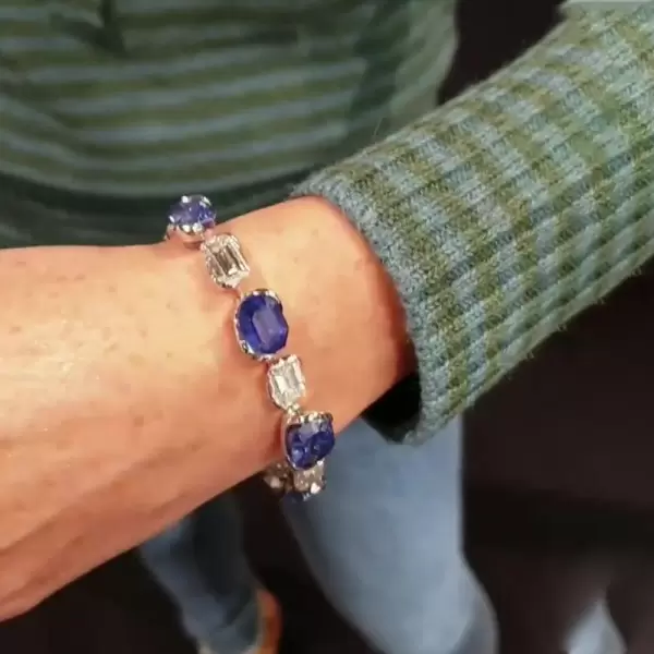 Emerald Cut White&Sapphire Blue Wrist Chain Bracelet