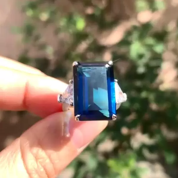 16ct Emerald Cut Blue Sapphire Three Stone Engagement Ring