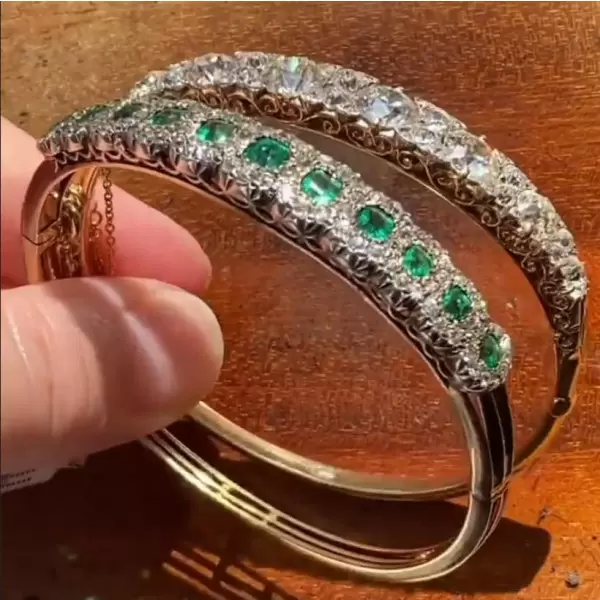 20ctw Halo Princess Cut Emerald Bangle Bracelet in Gold Tone