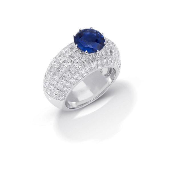 9.75 Round Cut Blue & White Sapphire Dome Ring 
