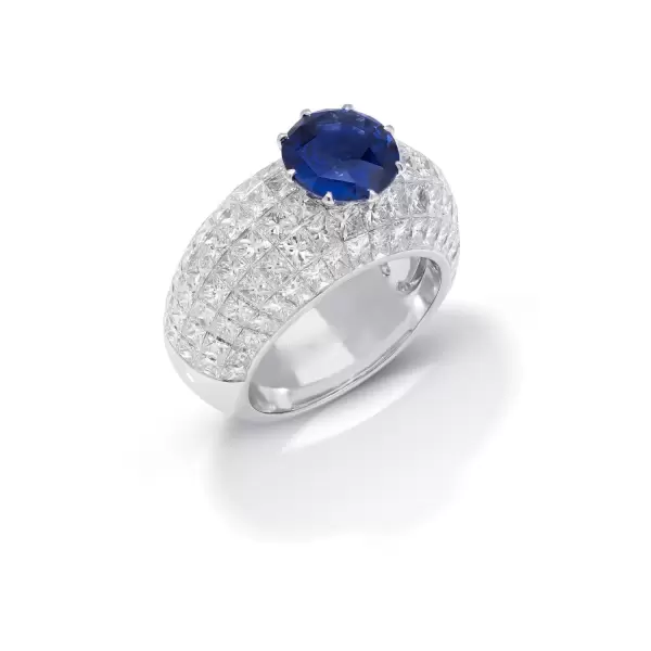 9.75 Round Cut Blue & White Sapphire Dome Ring 