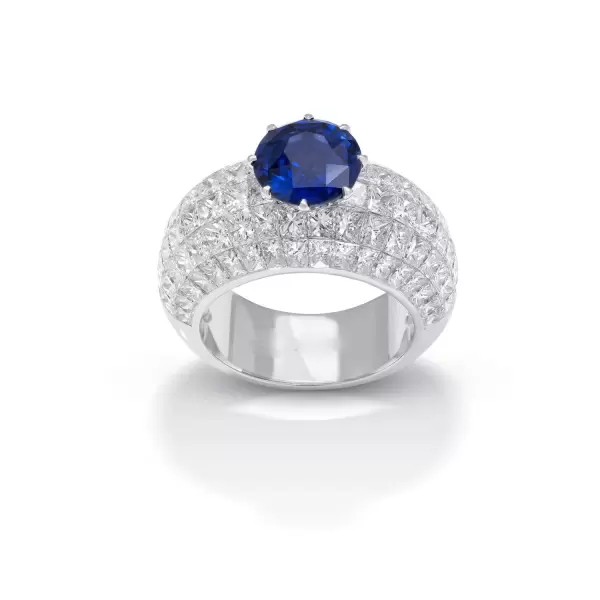 9.75 Round Cut Blue & White Sapphire Dome Ring 
