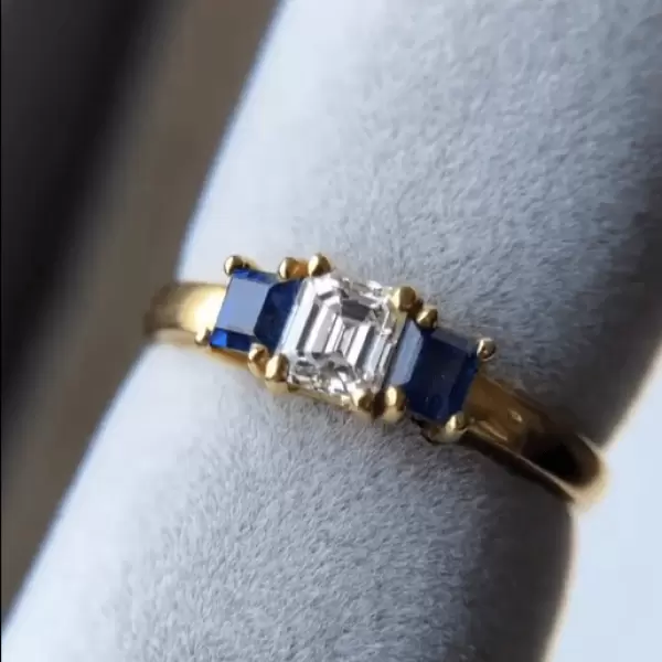 3ctw Emerald Cut Three Stone White & Blue Sapphire Engagement Ring in Gold