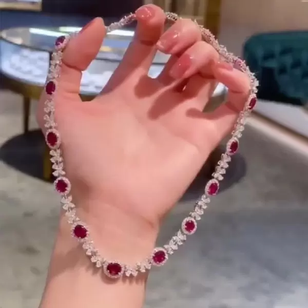 Round&Oval&Pear Cut White Sapphire&Ruby Necklace Choker