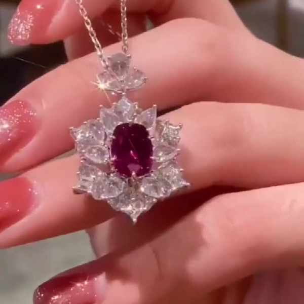 Oval&Pear Cut White Sapphire&Ruby Necklace Pendant