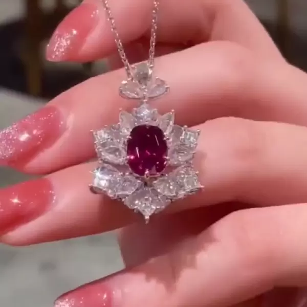 Oval&Pear Cut White Sapphire&Ruby Necklace Pendant