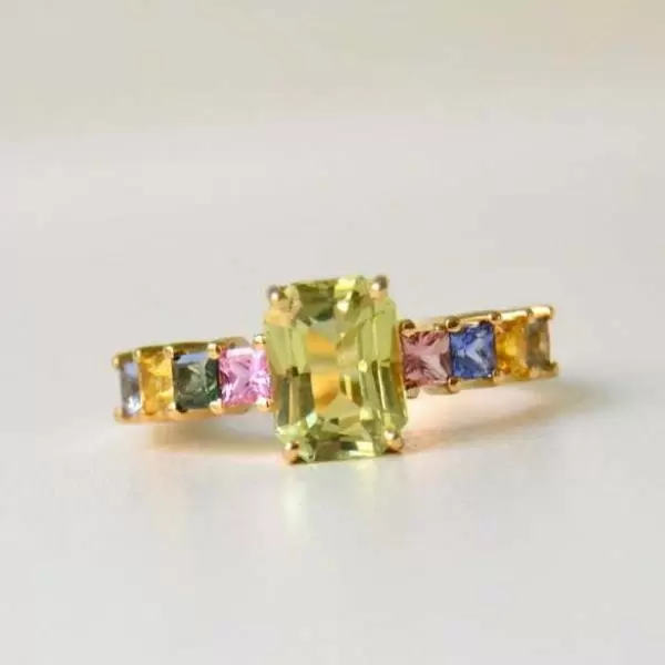 5ct Emerald Cut Light Green Sapphire Rainbow Engagement Ring
