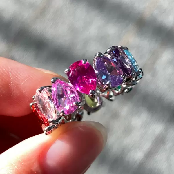 12ctw Pear Cut Rainbow Color Sapphire Eternity Ring