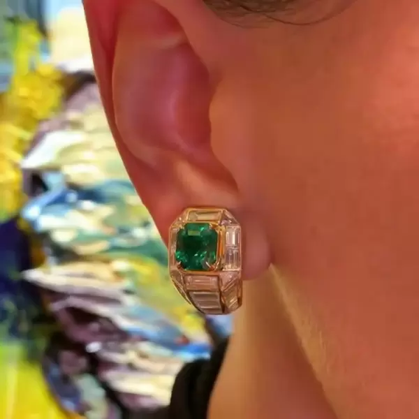 Baguette Halo Colombian Emerald Earclips