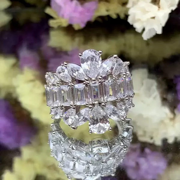 Pear and Baguette Cut White Sapphire Cocktail Ring