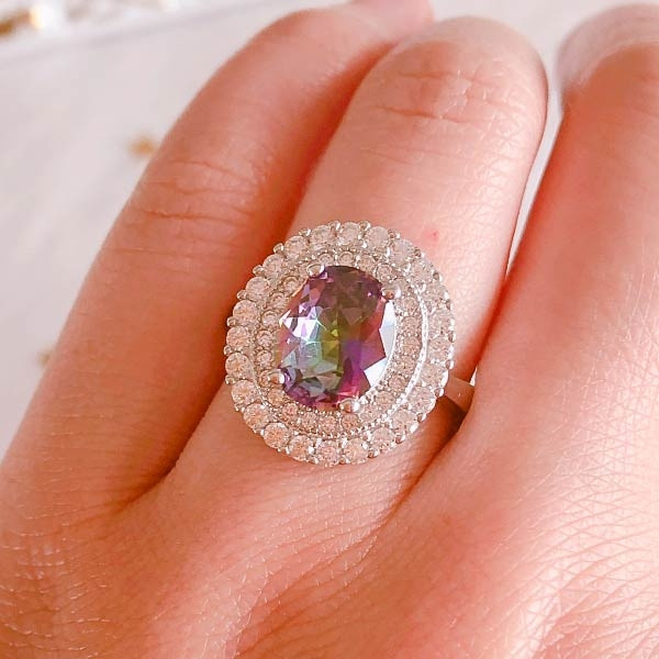 Handmade Double Halo Oval Cut Sterling Silver Ring