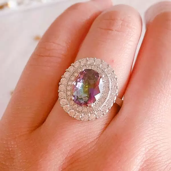 Handmade Double Halo Oval Cut Sterling Silver Ring