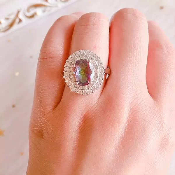 Handmade Double Halo Oval Cut Sterling Silver Ring