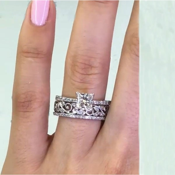 Handmade 0.75ct Princess Cut With Filigreen Band Sterling Silver Ring Set