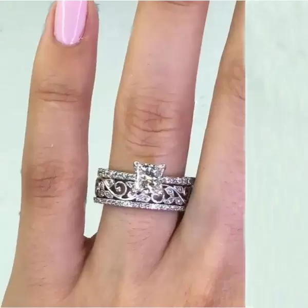 Handmade 0.75ct Princess Cut With Filigreen Band Sterling Silver Ring Set
