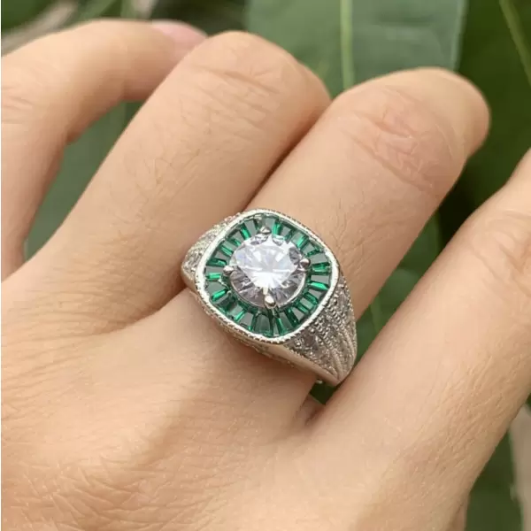 2ct Round Cut White Sapphire Ring with a Emerald Calibre Halo