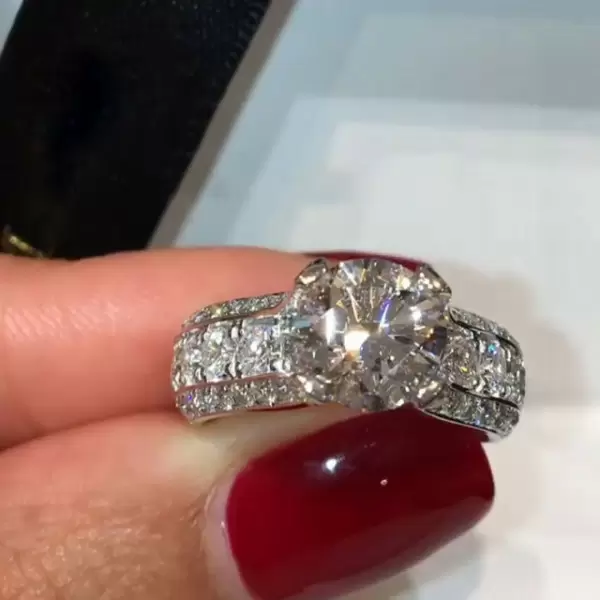 Handmade 2.0 Ct Round Cut with Sidestone Width Engagement Ring