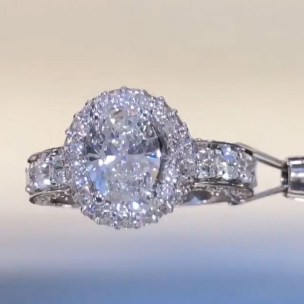 Handmade Cross Halo 1.5CT Oval Cut Engagement Ring