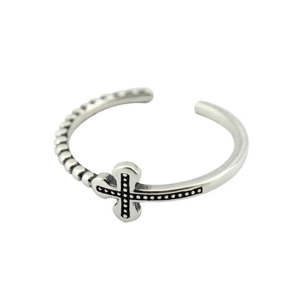 925 Sterling Silver Handmade Bead Cross Adjustable Ring