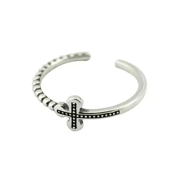 925 Sterling Silver Handmade Bead Cross Adjustable Ring