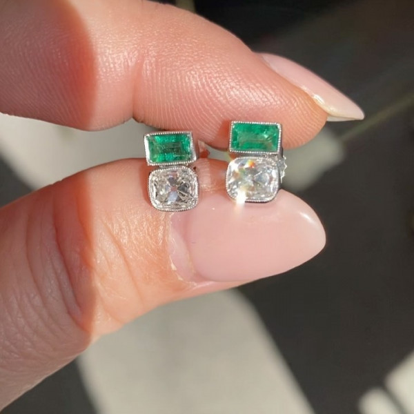 3ctw Emerald Old Mine Cushion Cut Stud Earrings