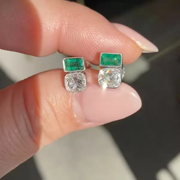 3ctw Emerald Old Mine Cushion Cut Stud Earrings
