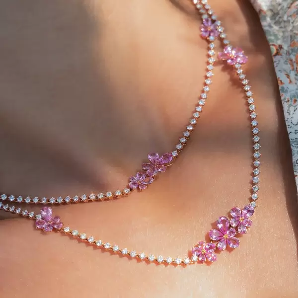 Pear Cut Pink Sapphire Flower Layered Necklace in Gold