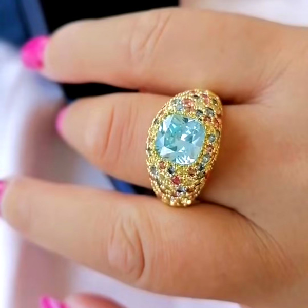 4ct Aquamarine Multi-Color Sapphires Paved Cocktail Ring