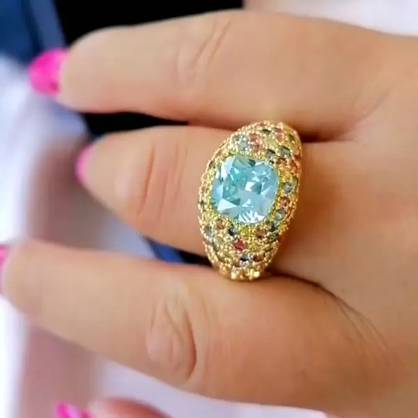 4ct Aquamarine Multi-Color Sapphires Paved Cocktail Ring