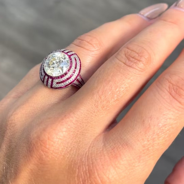 3.8ct Round Cut White Sapphire Art-Deco Ruby Engagement Ring