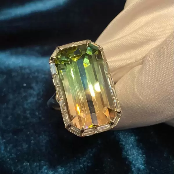 6.2ct Halo Emerald Cut Bicolor Tourmaline Engagement Ring