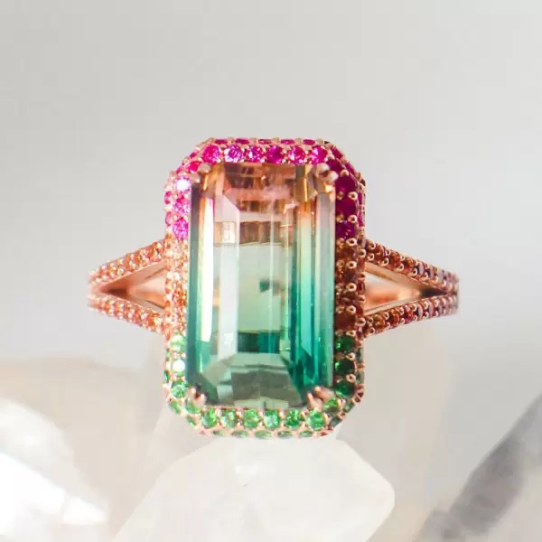 6.2ct Emerald Cut Bicolor Tourmaline Engagement Ring