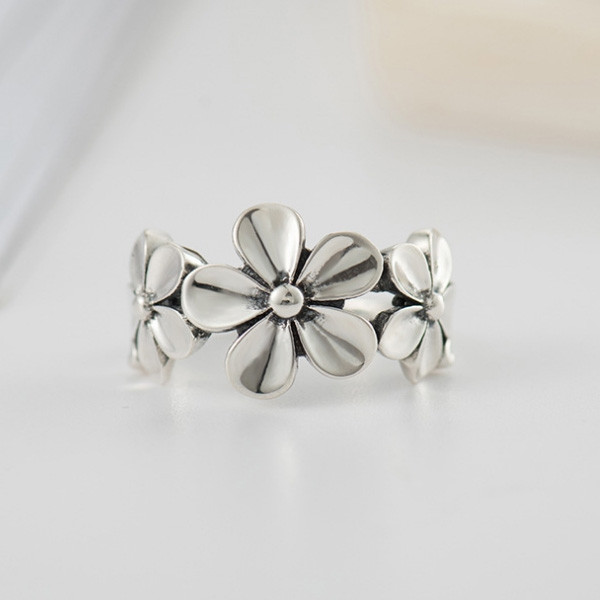 925 Sterling Silver Handmade Vintage Plumeria Flower Adjustable Ring