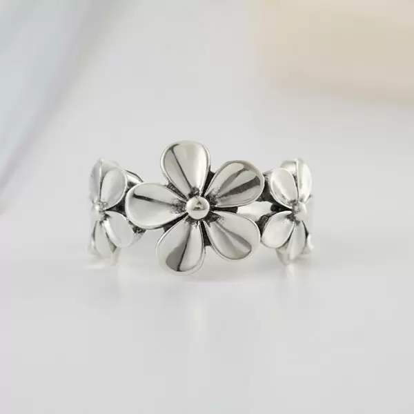 925 Sterling Silver Handmade Vintage Plumeria Flower Adjustable Ring