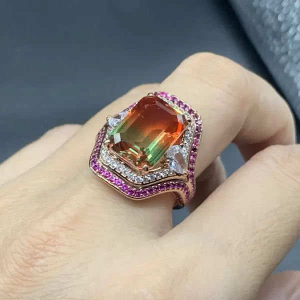 6.2ct Emerald Cut Bicolor Tourmaline Cocktail Ring