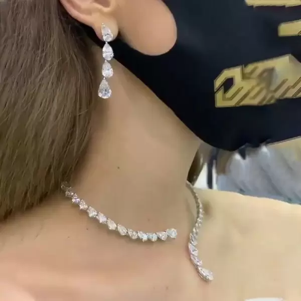 Luxury Pear Cut White Sapphire Necklace & Earrings Jewelry Set