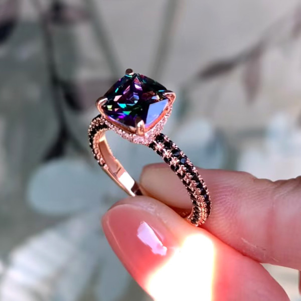 3ct Cushion Cut Rainbow Topaz Three-Sided Engagement Ring