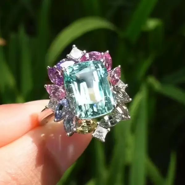 8.4ct Cushion Cut Green Sapphire Multicolor Halo Cocktail Ring