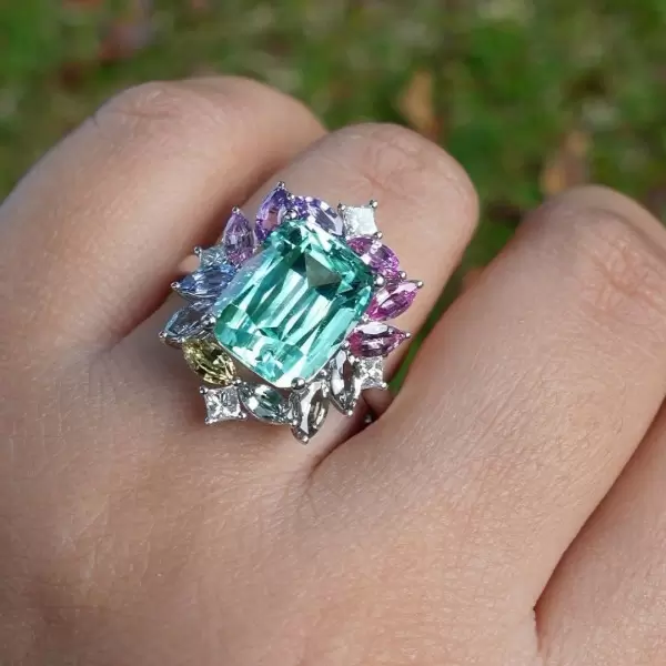 8.4ct Cushion Cut Green Sapphire Multicolor Halo Cocktail Ring