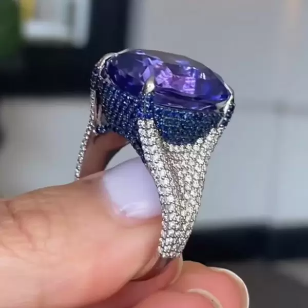 8ct Cushion Cut Tanzanite Blue Sapphire Paved Cocktail Ring